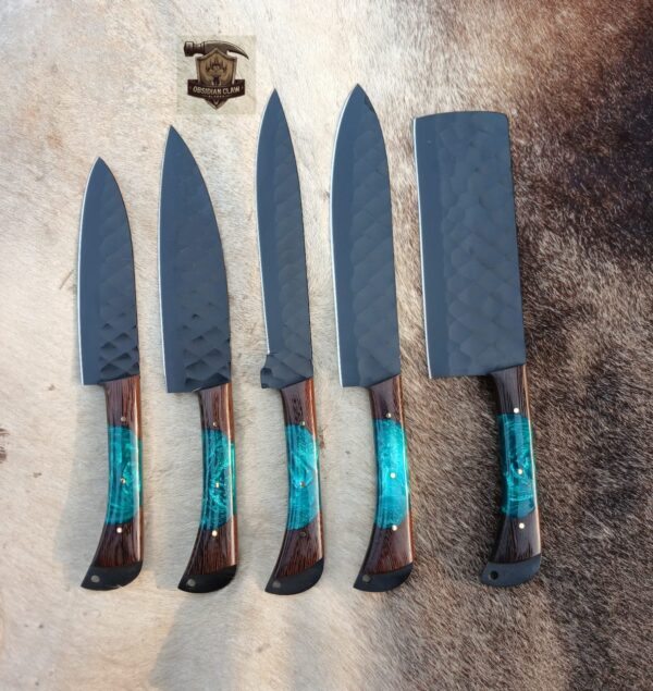 Handmade BBQ  5 pcs black coated  kitchen knives set with leather leather rolling bag.