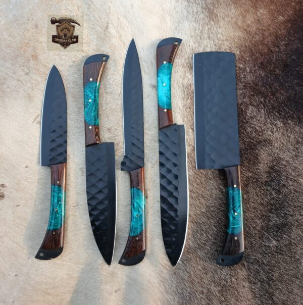 Handmade BBQ  5 pcs black coated  kitchen knives set with leather leather rolling bag. - Image 3