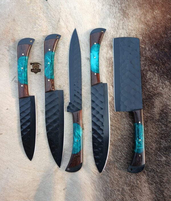 Handmade BBQ  5 pcs black coated  kitchen knives set with leather leather rolling bag. - Image 2