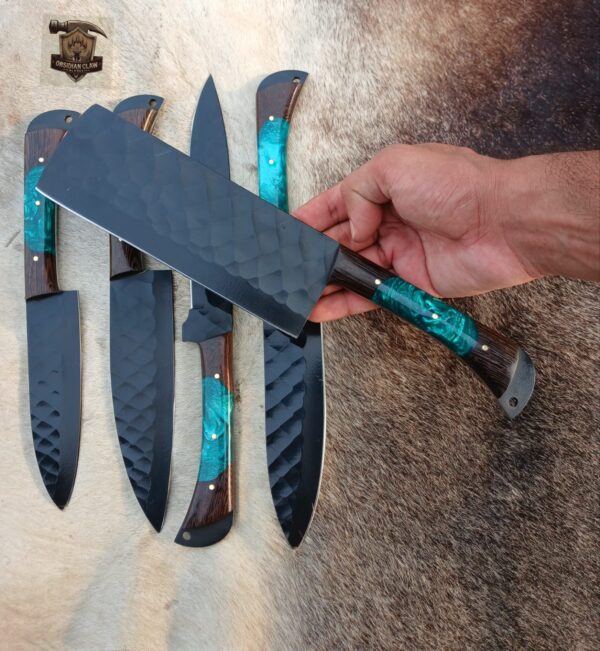 Handmade BBQ  5 pcs black coated  kitchen knives set with leather leather rolling bag. - Image 4