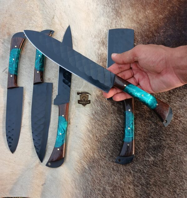 Handmade BBQ  5 pcs black coated  kitchen knives set with leather leather rolling bag. - Image 5