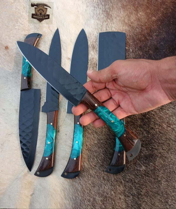 Handmade BBQ  5 pcs black coated  kitchen knives set with leather leather rolling bag. - Image 6