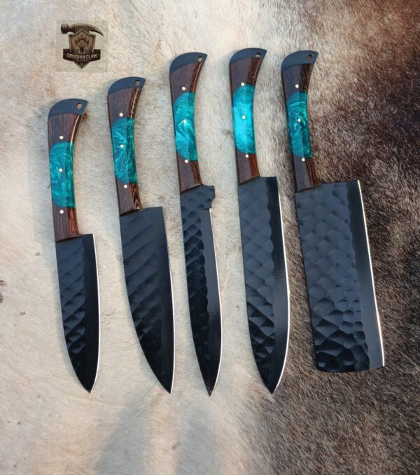 Handmade BBQ  5 pcs black coated  kitchen knives set with leather leather rolling bag. - Image 7
