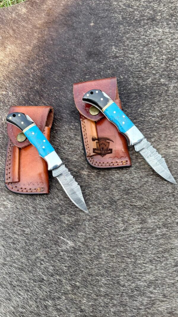 Lots of "2" Custome Handmade Damascus Steel Folding knife with leather sheath. - Image 2