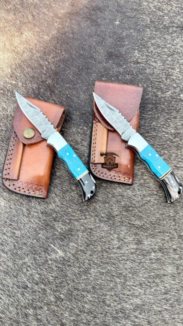 Lots of "2" Custome Handmade Damascus Steel Folding knife with leather sheath.