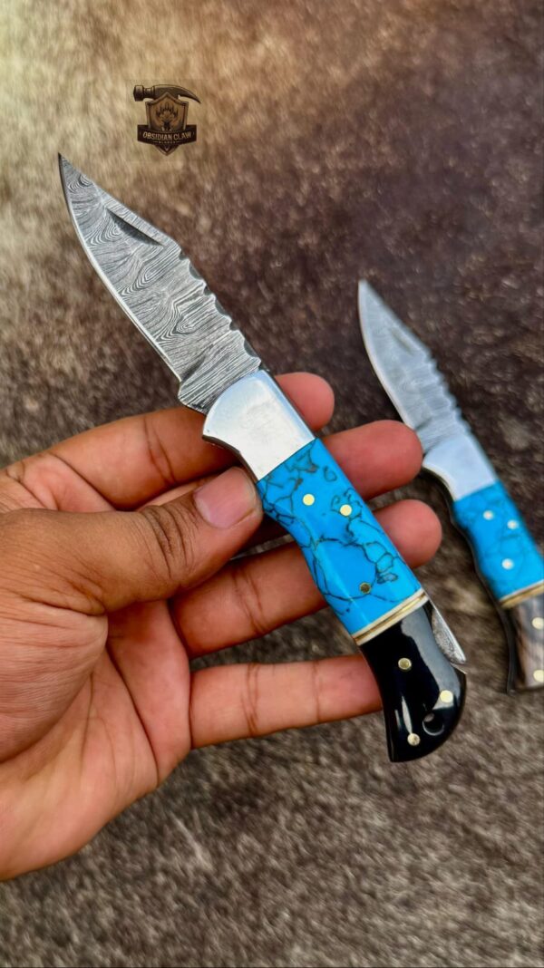 Lots of "2" Custome Handmade Damascus Steel Folding knife with leather sheath. - Image 6