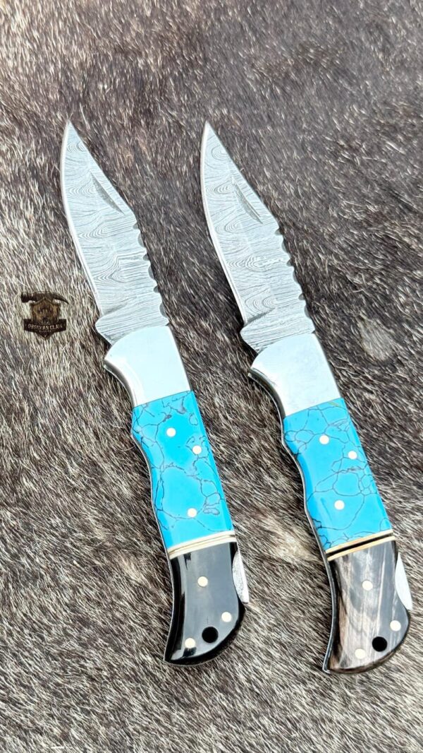 Lots of "2" Custome Handmade Damascus Steel Folding knife with leather sheath. - Image 3