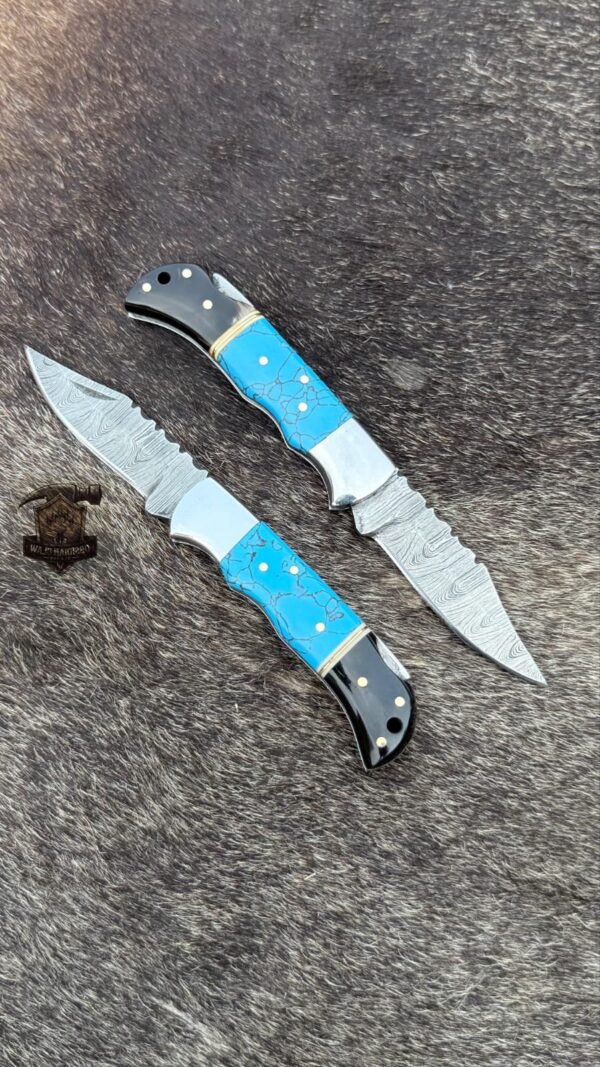 Lots of "2" Custome Handmade Damascus Steel Folding knife with leather sheath. - Image 4