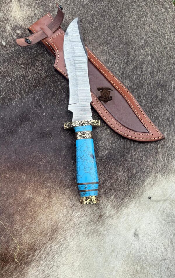 Lots of "2" Handmade Damascus Bowie knives pair with turquoise stone handle and "2" folding knife leather sheath. - Image 4