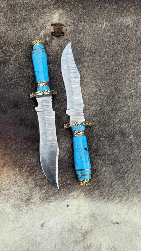 Lots of "2" Handmade Damascus Bowie knives pair with turquoise stone handle and "2" folding knife leather sheath. - Image 6