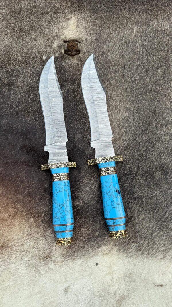 Lots of "2" Handmade Damascus Bowie knives pair with turquoise stone handle and "2" folding knife leather sheath. - Image 7
