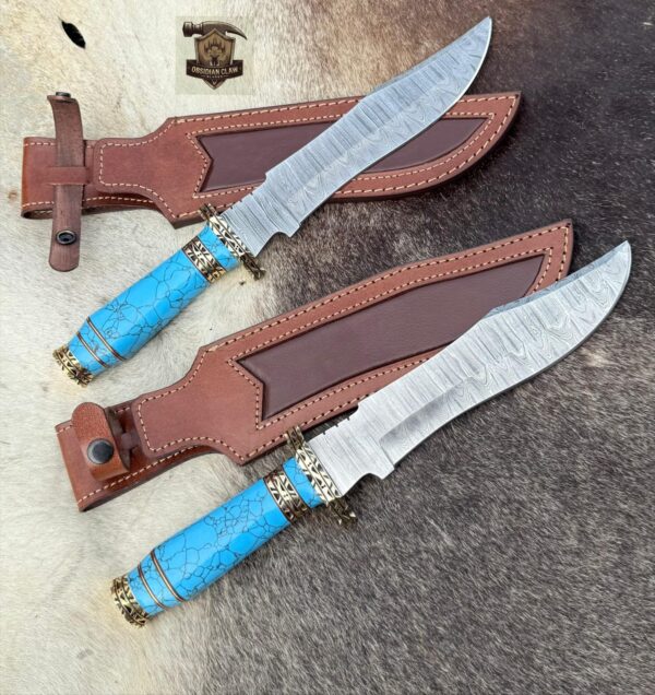 Lots of "2" Handmade Damascus Bowie knives pair with turquoise stone handle and "2" folding knife leather sheath.
