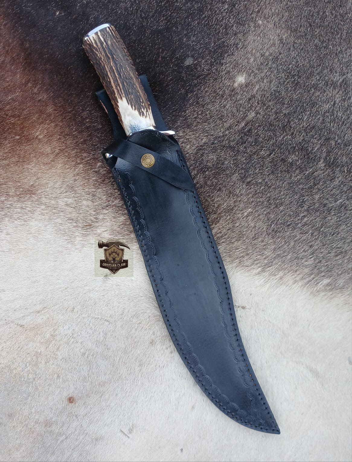 J2 Steel high polished mirror Bowie knife with leather sheath. - Image 7