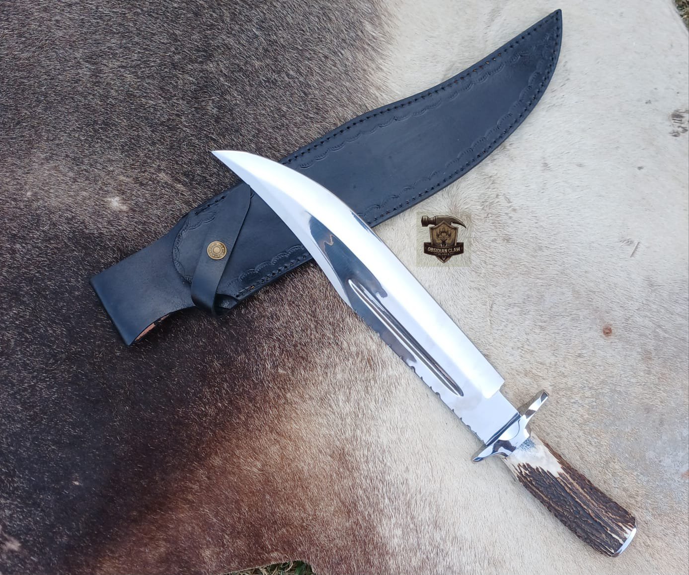 J2 Steel high polished mirror Bowie knife with leather sheath. - Image 4