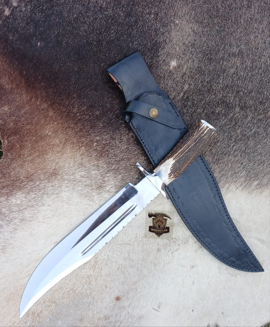 J2 Steel high polished mirror Bowie knife with leather sheath. - Image 3