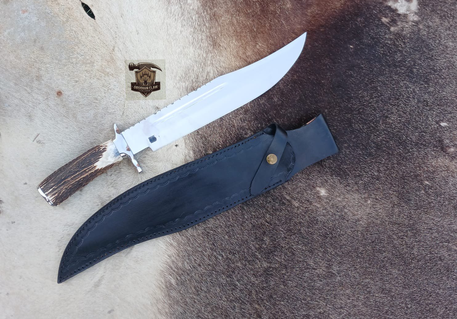 J2 Steel high polished mirror Bowie knife with leather sheath. - Image 6