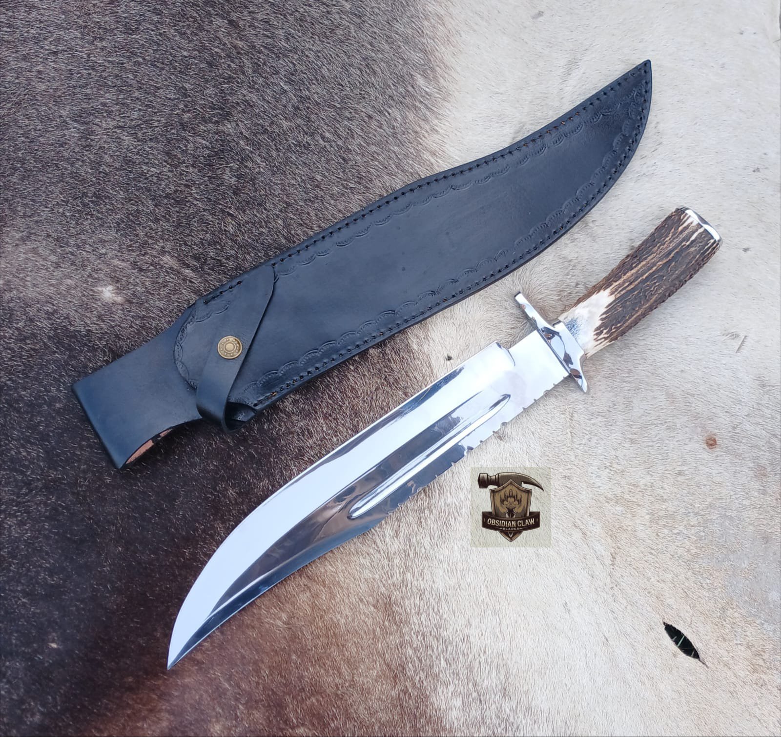 J2 Steel high polished mirror Bowie knife with leather sheath. - Image 5