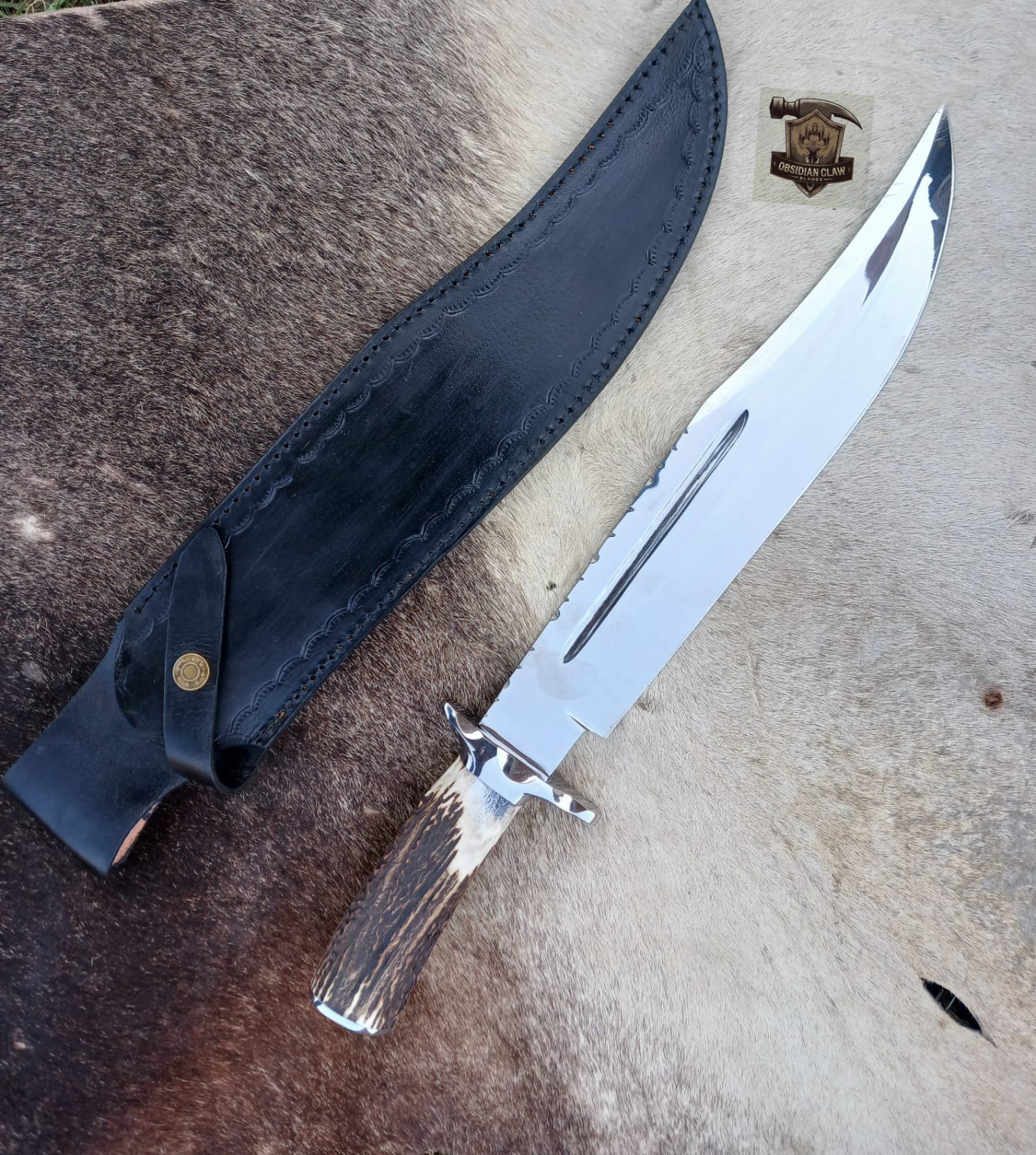 J2 Steel high polished mirror Bowie knife with leather sheath. - Image 2