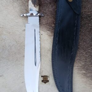 J2 Steel high polished mirror Bowie knife with leather sheath.
