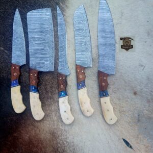 Damascus steel (5 PCS) kitchen knife set with leather rolling bag.