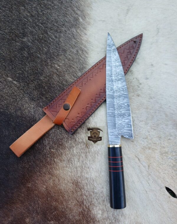 Damascus steel chef knife with leather sheath. - Image 5