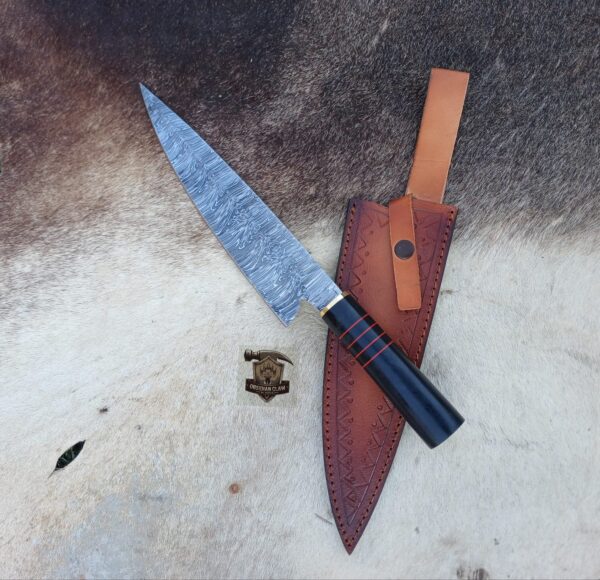 Damascus steel chef knife with leather sheath. - Image 4