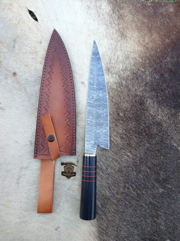 Damascus steel chef knife with leather sheath. - Image 3