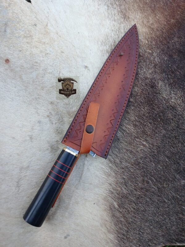 Damascus steel chef knife with leather sheath. - Image 6