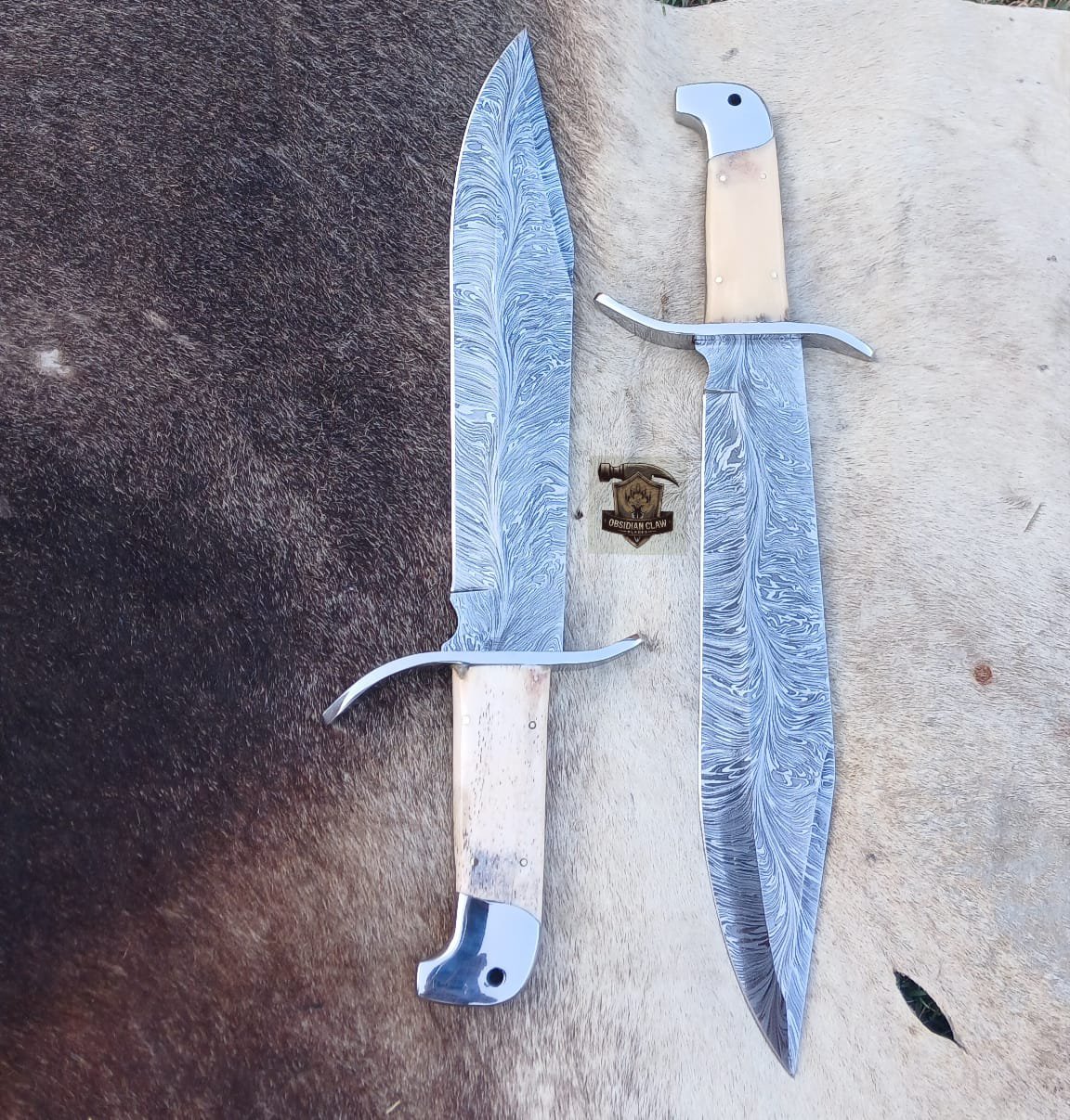 Lots of "2" Unique New blade pattern Damascus steel snake Bowie knife with leather sheath. - Image 2