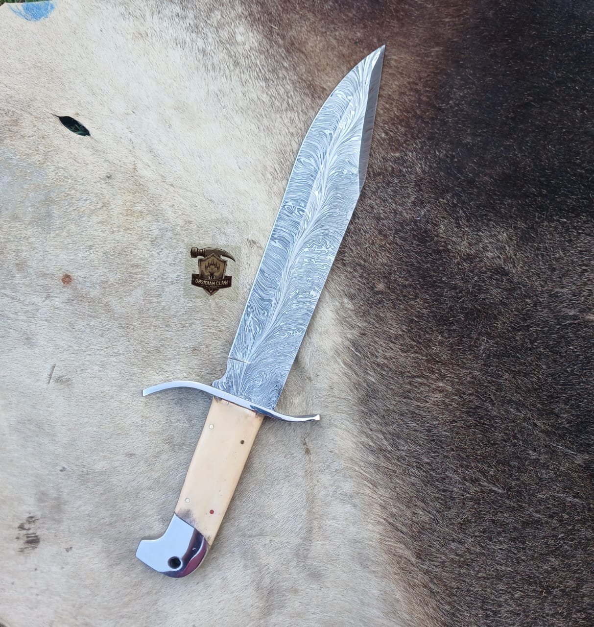 Lots of "2" Unique New blade pattern Damascus steel snake Bowie knife with leather sheath. - Image 4