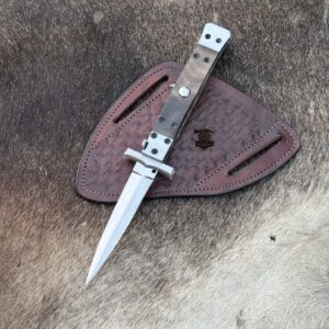Handmade Italian-Style Stiletto knife with leather sheath.
