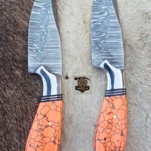 Handmade Damascus Steel Skinner knife set with leather sheath.