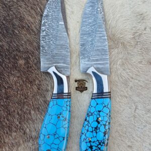 Damascus steel Skinner knife set with leather sheath.