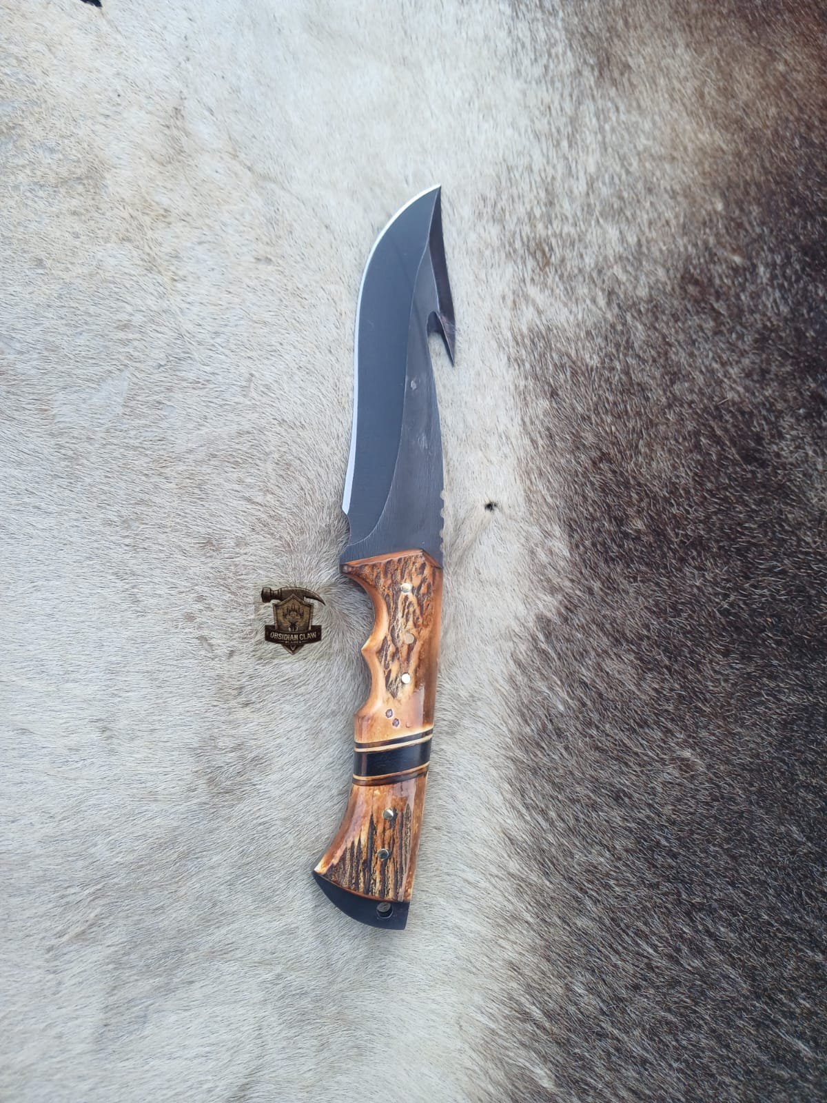 Custome Handmade 1095 steel blade acid wash gut hook knife with leather sheath. - Image 3