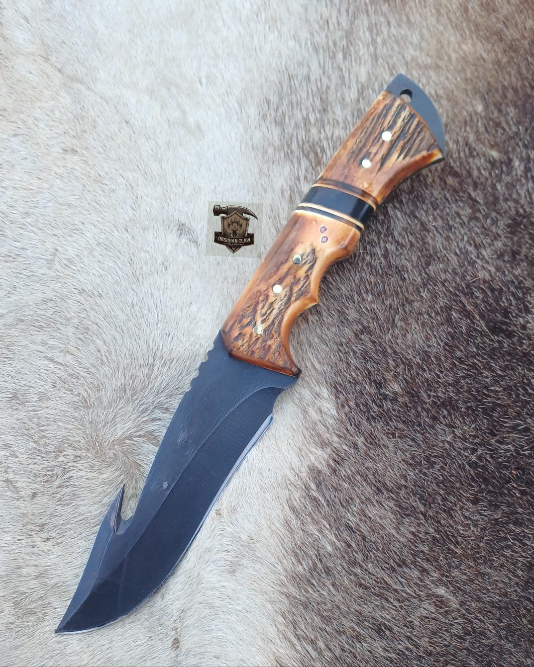 Custome Handmade 1095 steel blade acid wash gut hook knife with leather sheath. - Image 4