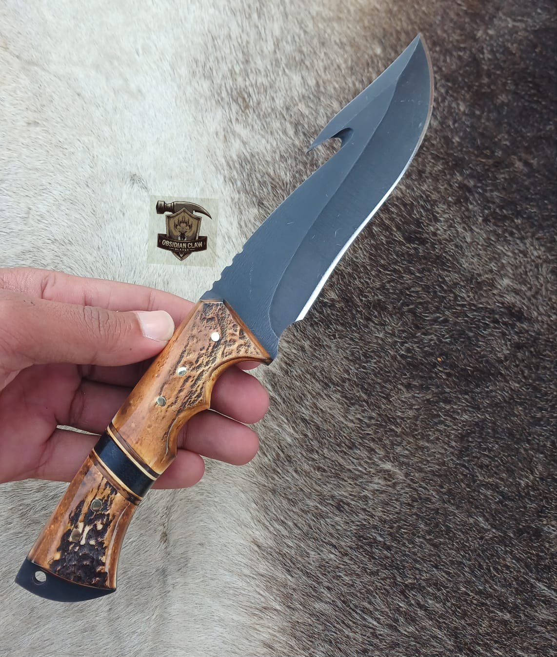 Custome Handmade 1095 steel blade acid wash gut hook knife with leather sheath.