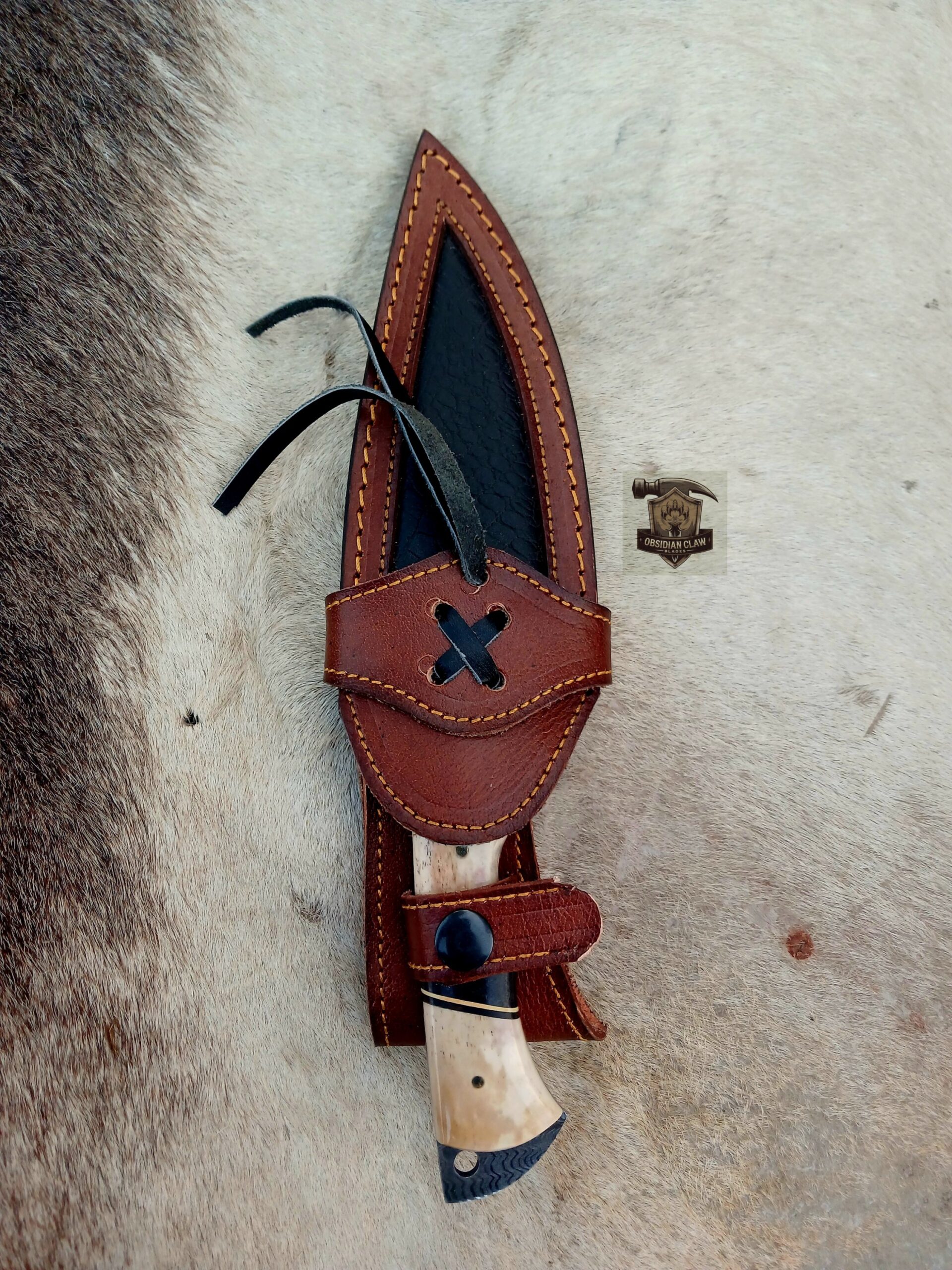 Handmade Damascus steel gut hook knife with leather sheath. - Image 8