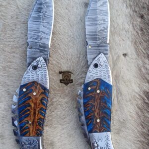 Lots of "2" Handcrafted Damascus folding knife with leather cover.