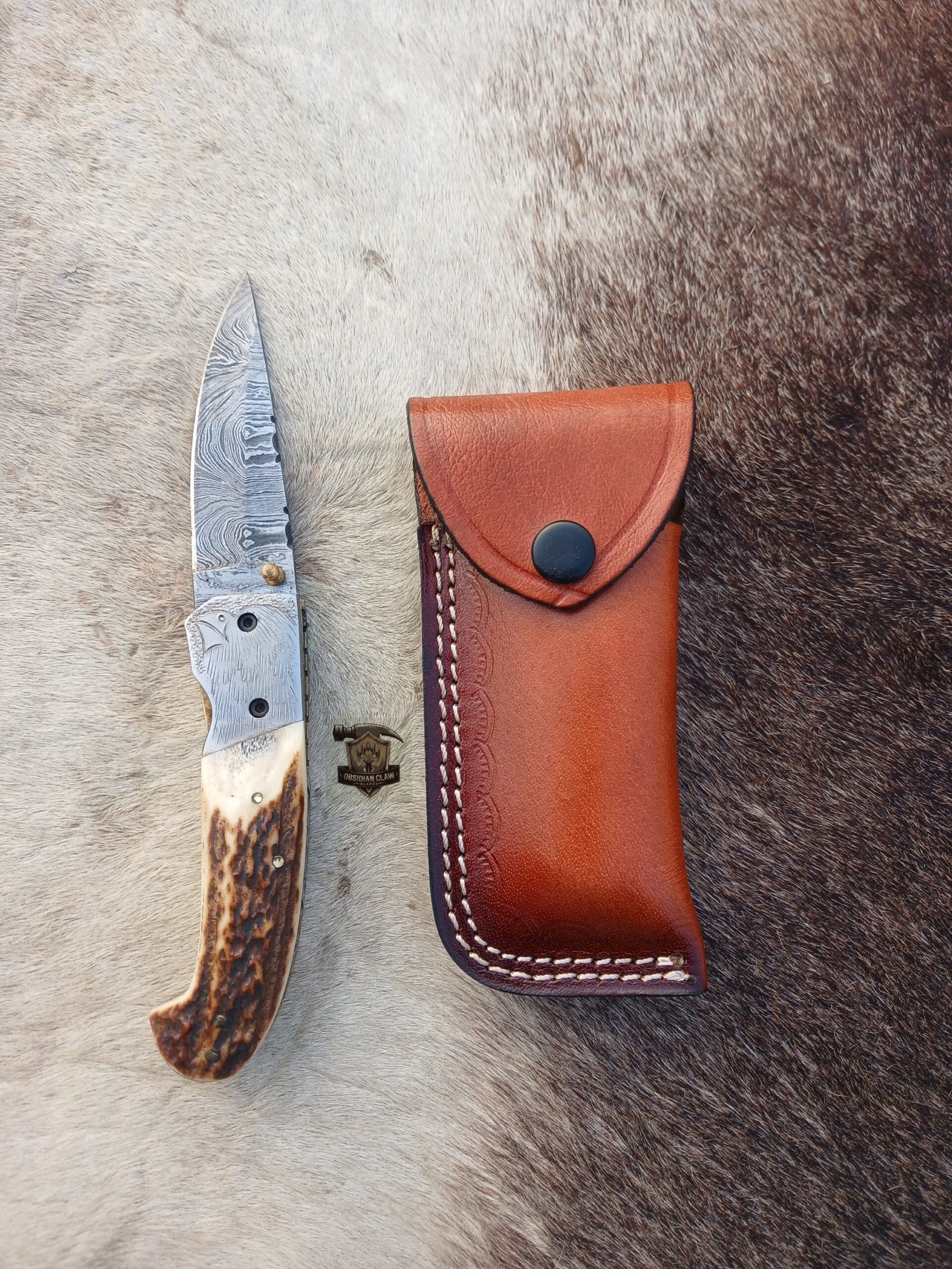 Handmade Damascus Folding Knife with Leather Sheath. - Image 2