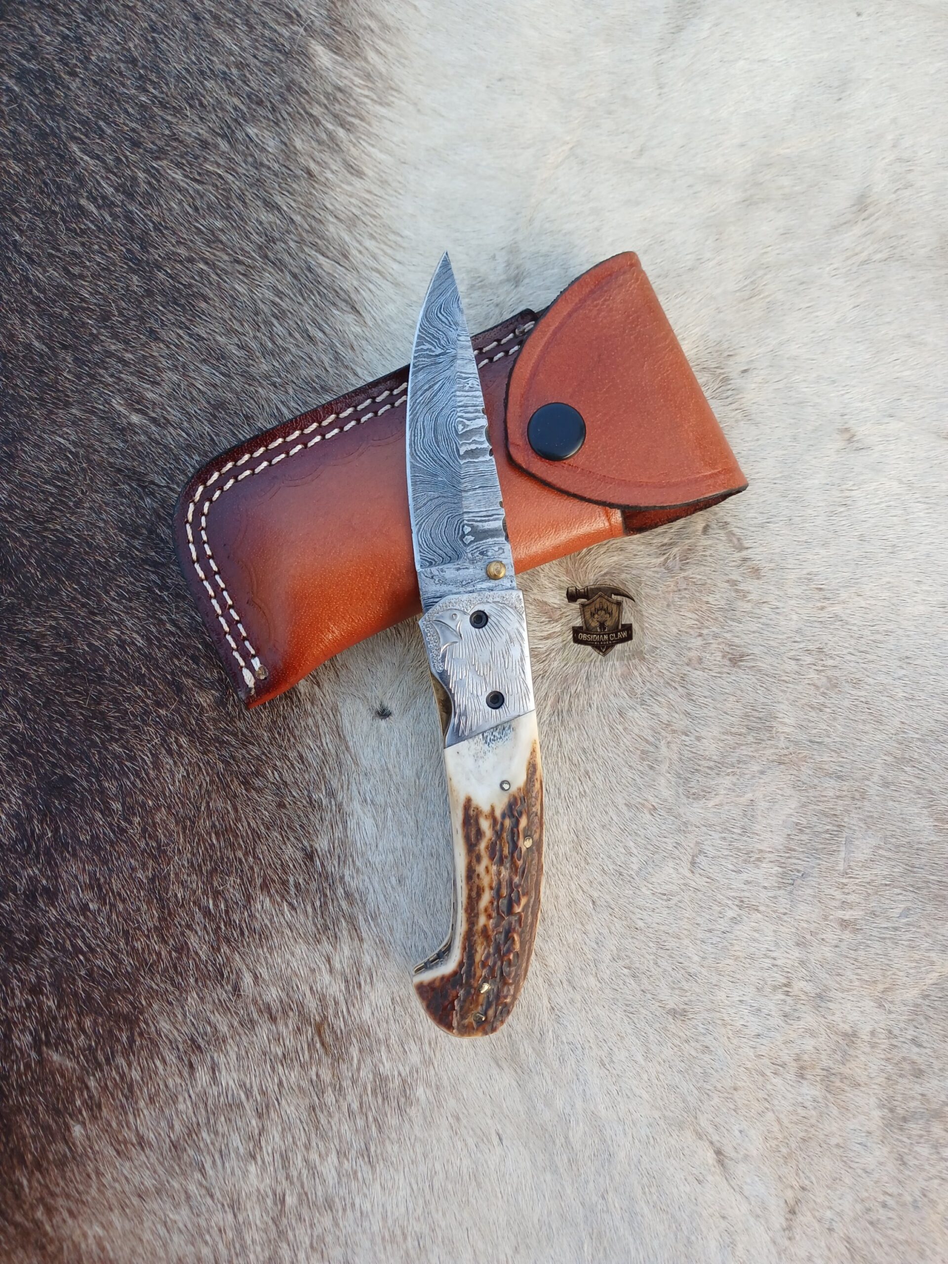 Handmade Damascus Folding Knife with Leather Sheath. - Image 3