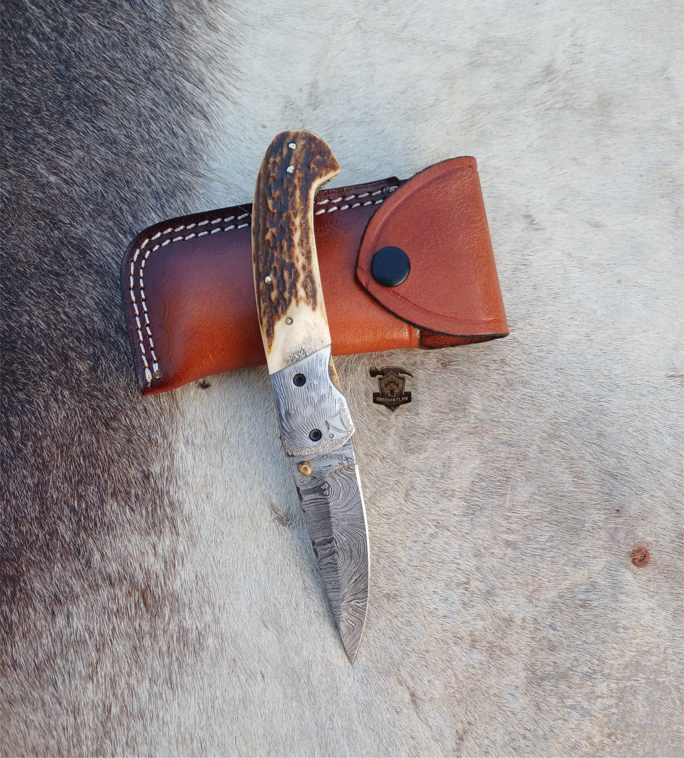 Handmade Damascus Folding Knife with Leather Sheath. - Image 4