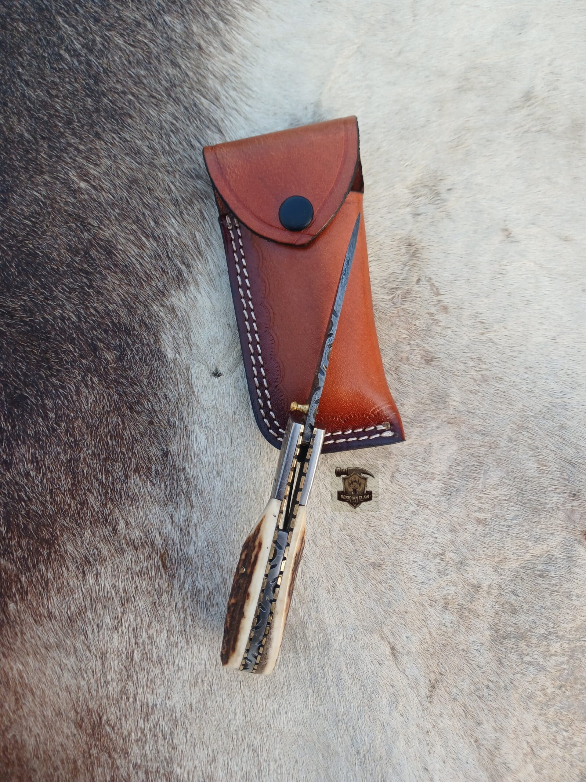 Handmade Damascus Folding Knife with Leather Sheath. - Image 5