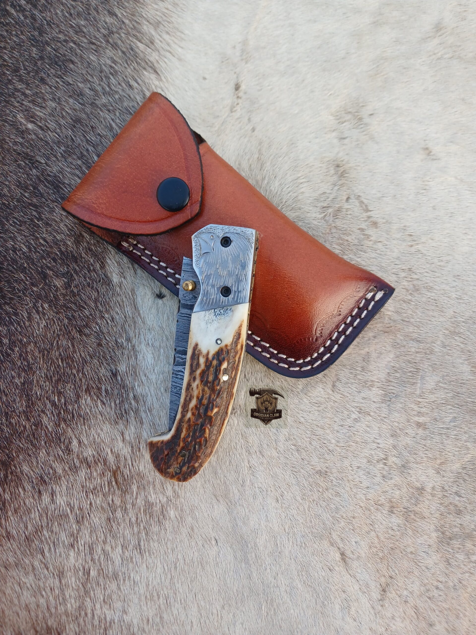 Handmade Damascus Folding Knife with Leather Sheath. - Image 6