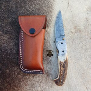 Handmade Damascus Folding Knife with Leather Sheath.