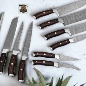 Premium Handmade Damascus Kitchen Knife Set with leather kit.