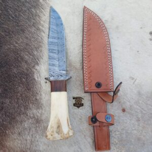 Handmade Damascus Steel Bowie Knife with Natural Bone Handle.