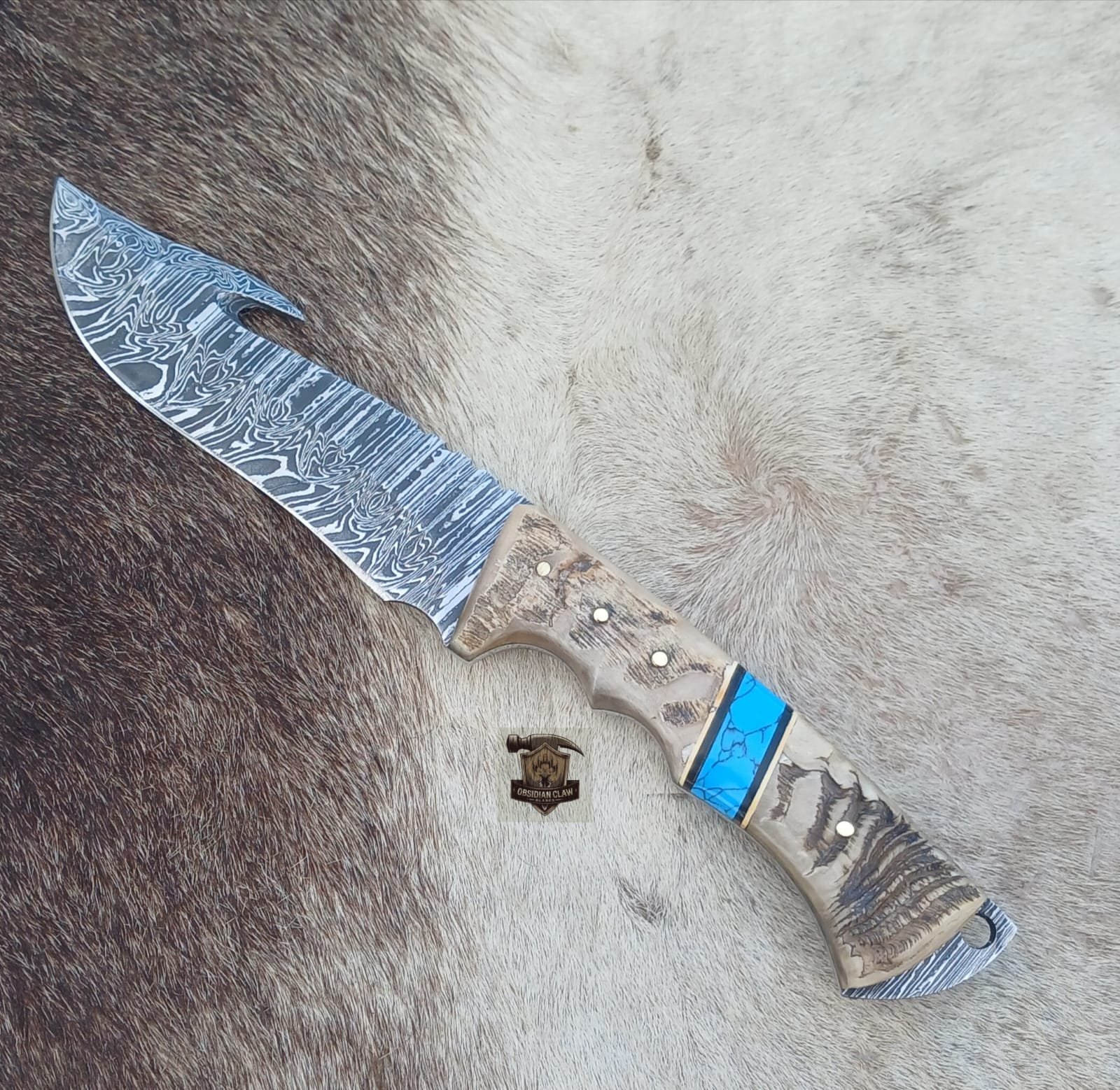 Handmade Damascus steel gut hook knife with leather sheath. - Image 3