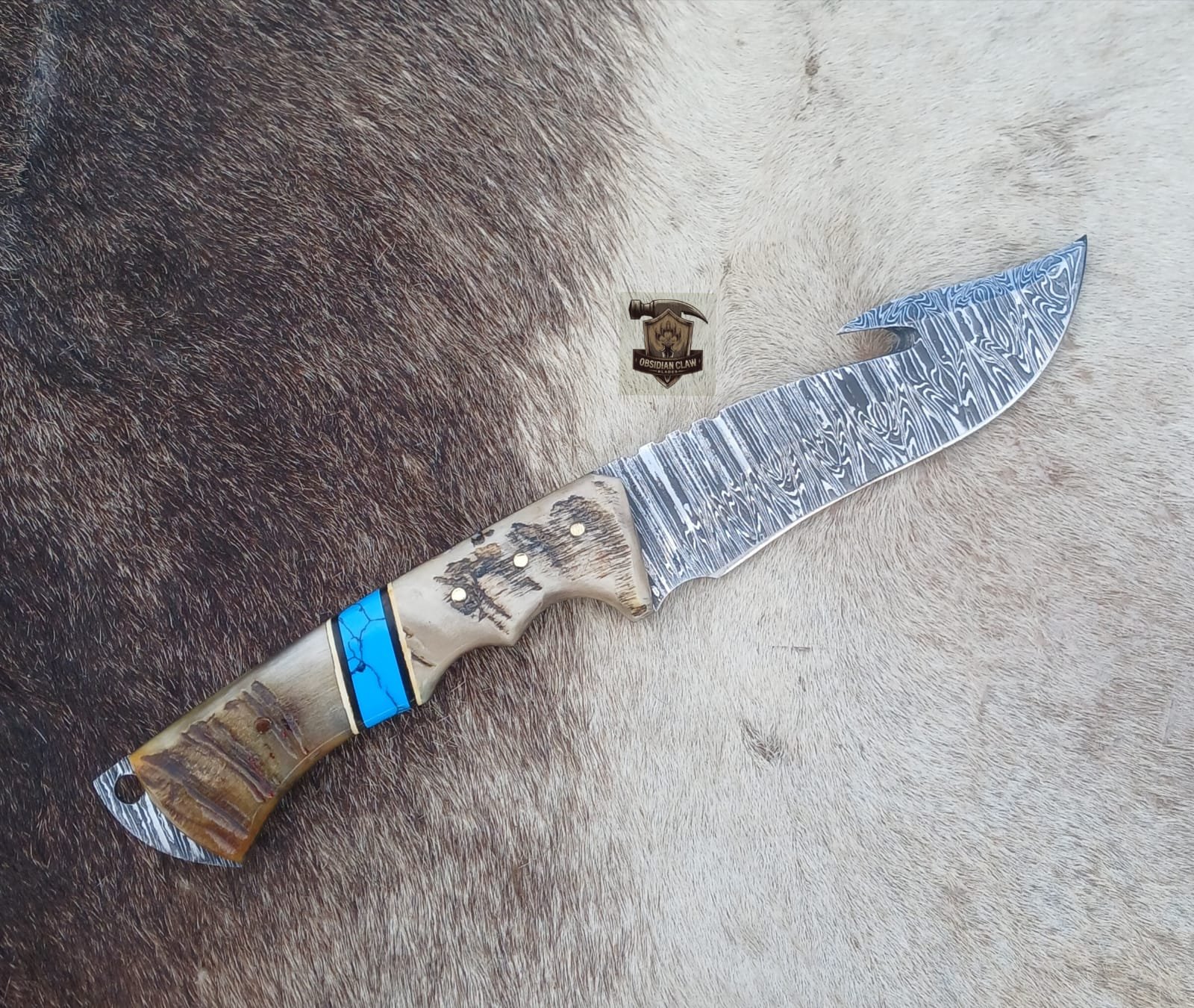 Handmade Damascus steel gut hook knife with leather sheath. - Image 2