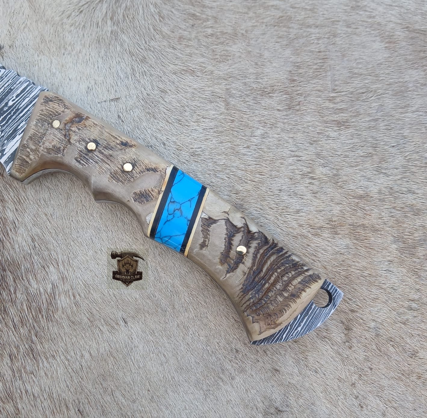 Handmade Damascus steel gut hook knife with leather sheath. - Image 6