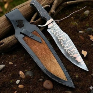 Handmade Damascus steel Copper Hunting knife with Leather sheath.